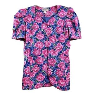 Vtg Papell Boutique Floral Short Sleeve Buttoned Jacket Pink Blue Size 6